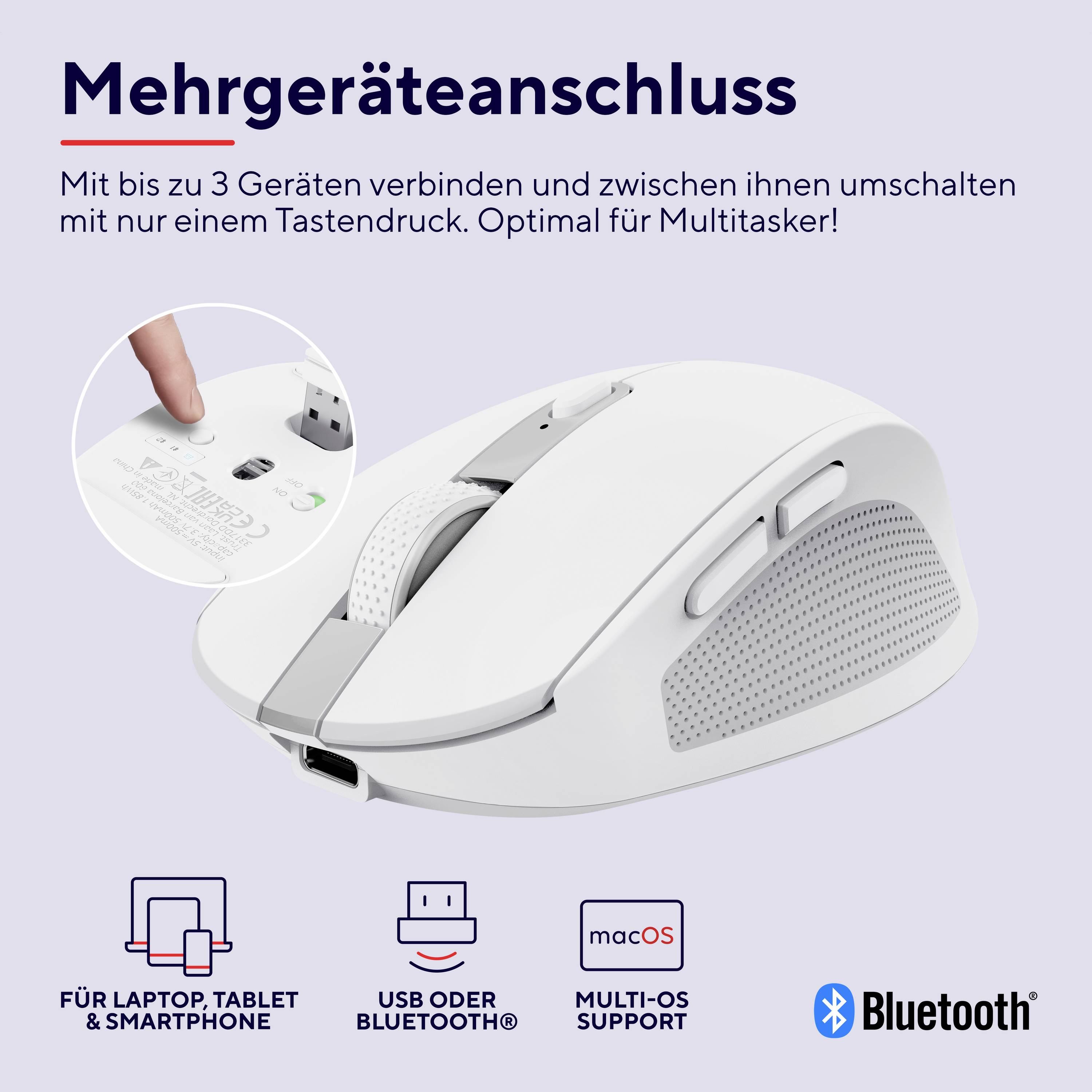White computer mouse that can be connected to up to three devices. Suitable for laptop, tablet and smartphone. Bluetooth-enabled.