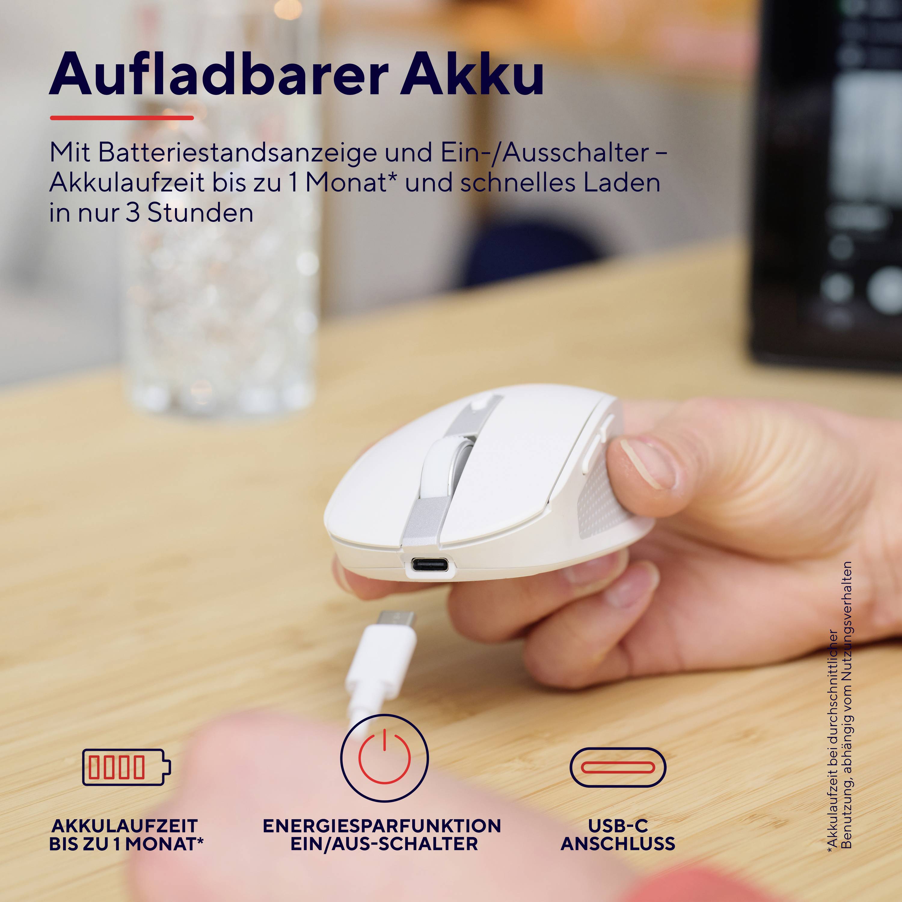 A white wireless computer mouse is being charged with a USB-C cable. The text provides information about long battery life and fast charging.