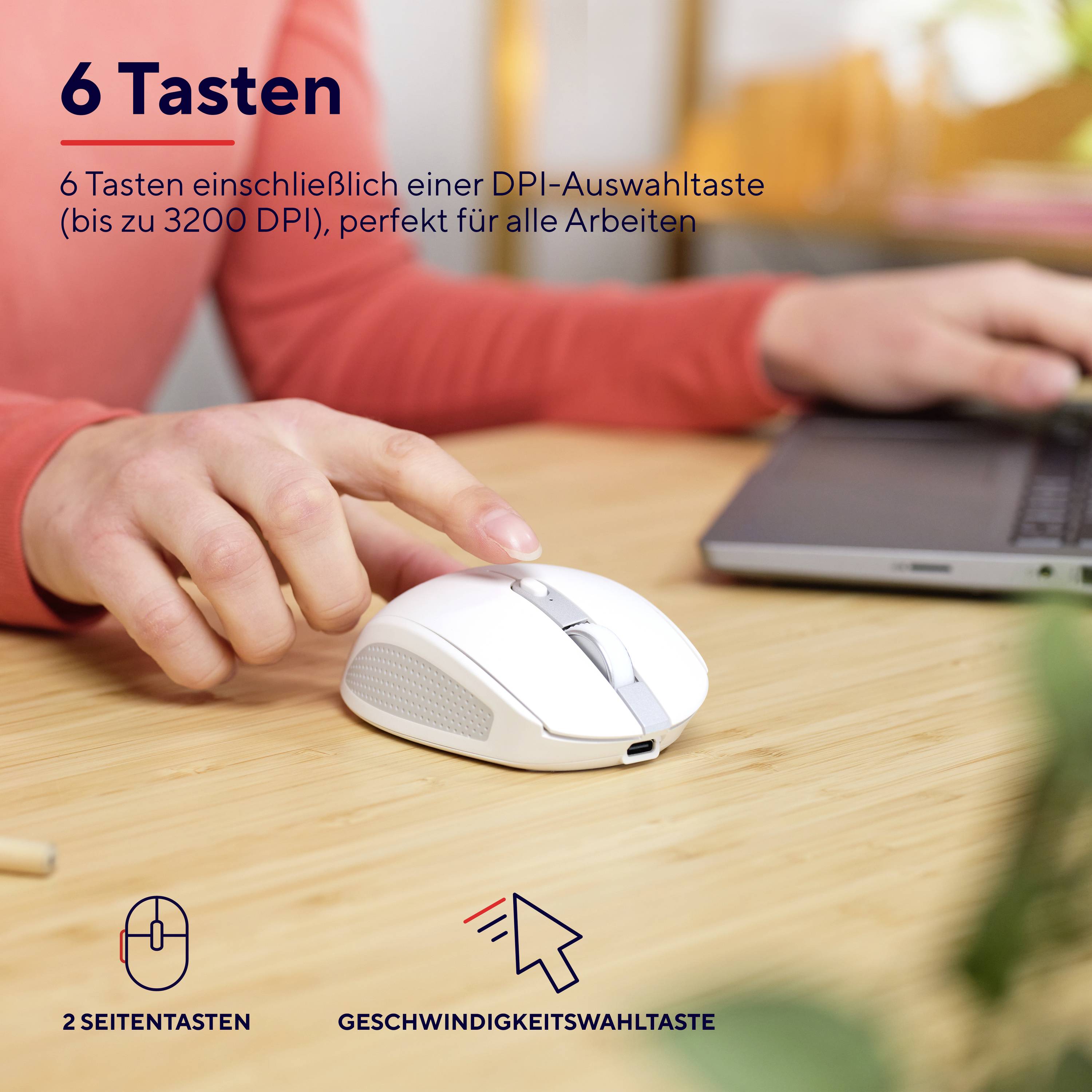 A hand is holding a white computer mouse on a wooden table. The text highlights 6 buttons, including a DPI selection button up to 3200 DPI.