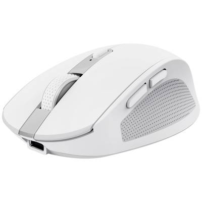 Wireless, white computer mouse with two side buttons and a textured grip for improved handling.