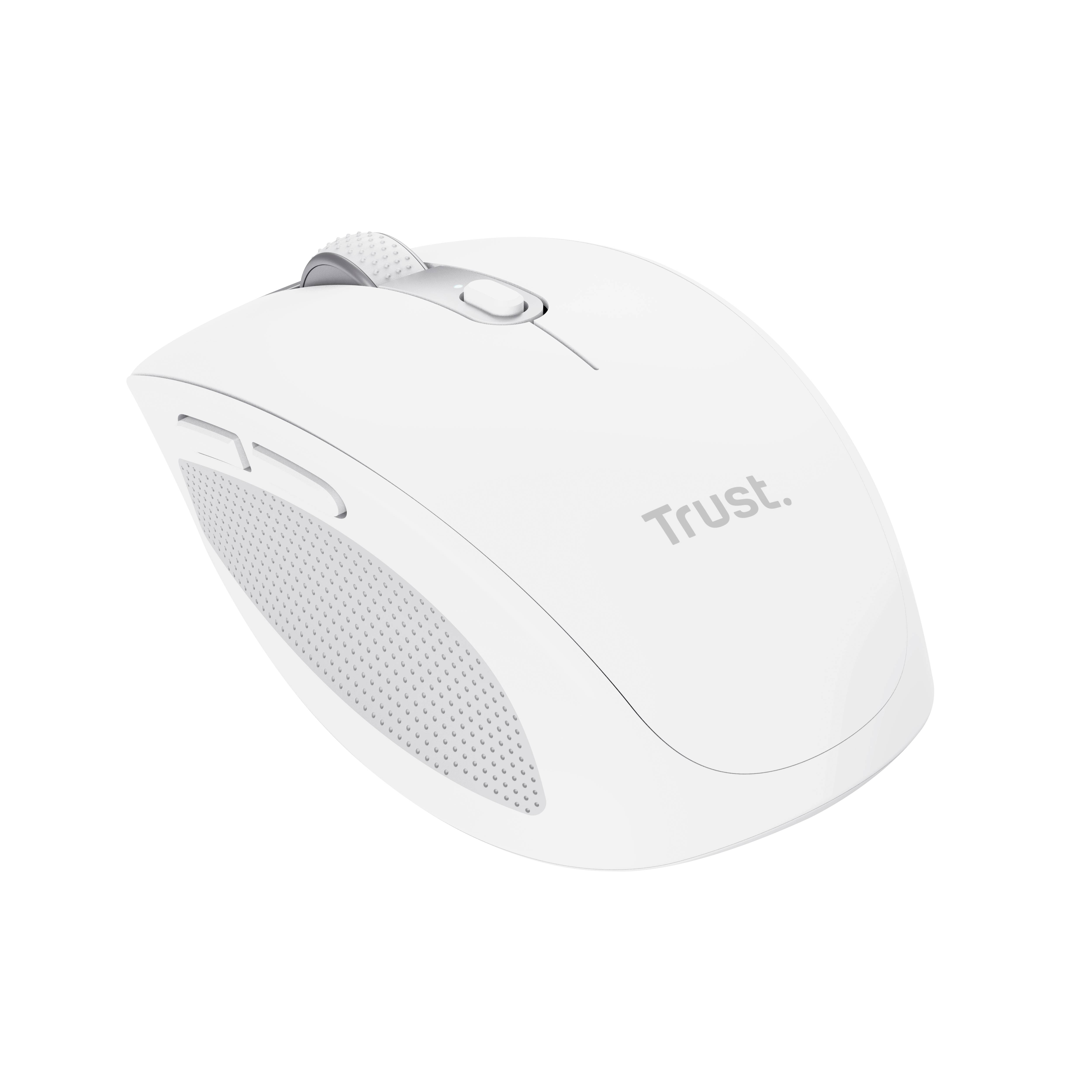 White wireless computer mouse by Trust with side buttons and textured scroll wheel.