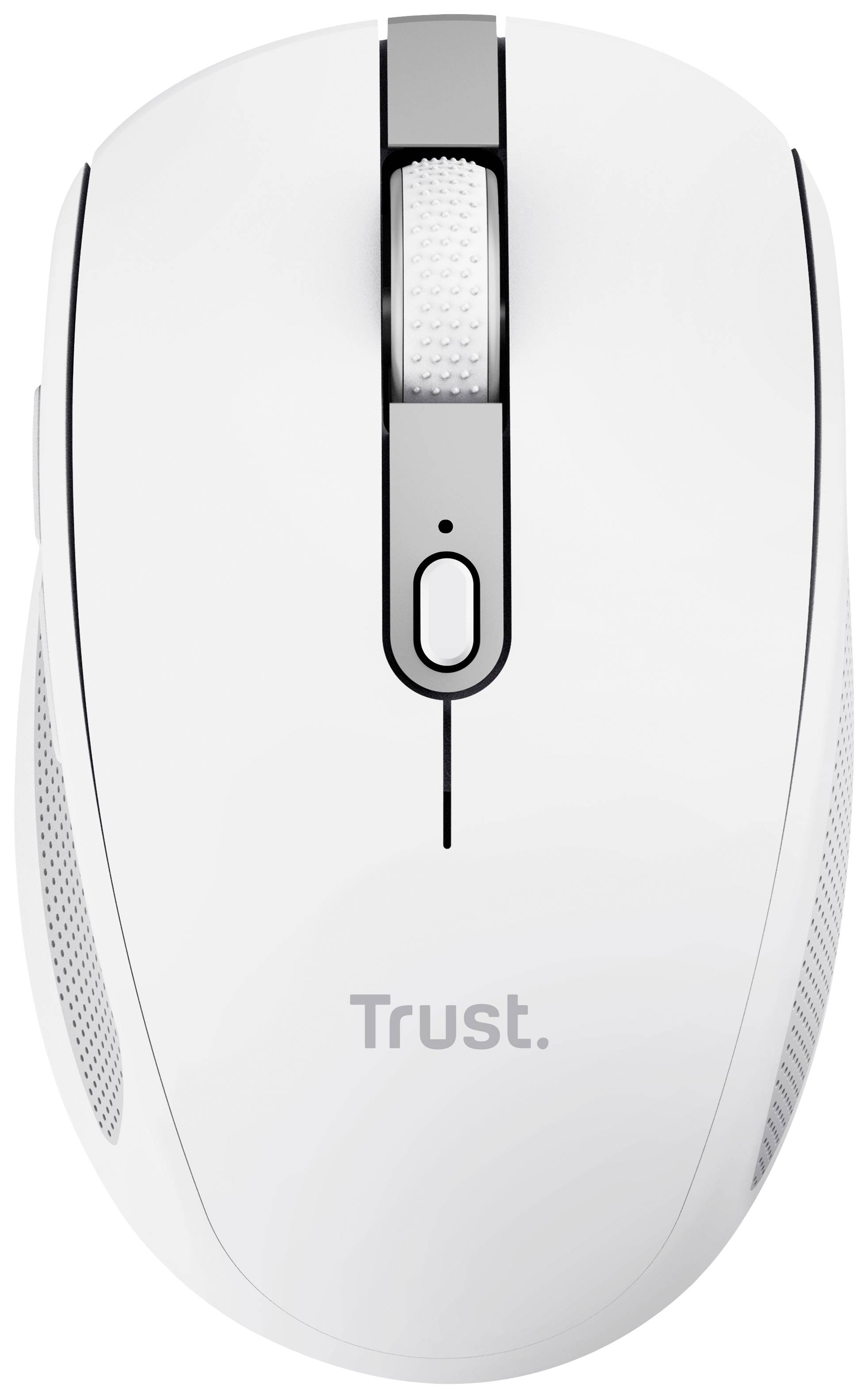 White wireless computer mouse with scroll wheel and a middle button. On the surface it says 'Trust'. Ideal for PC use.