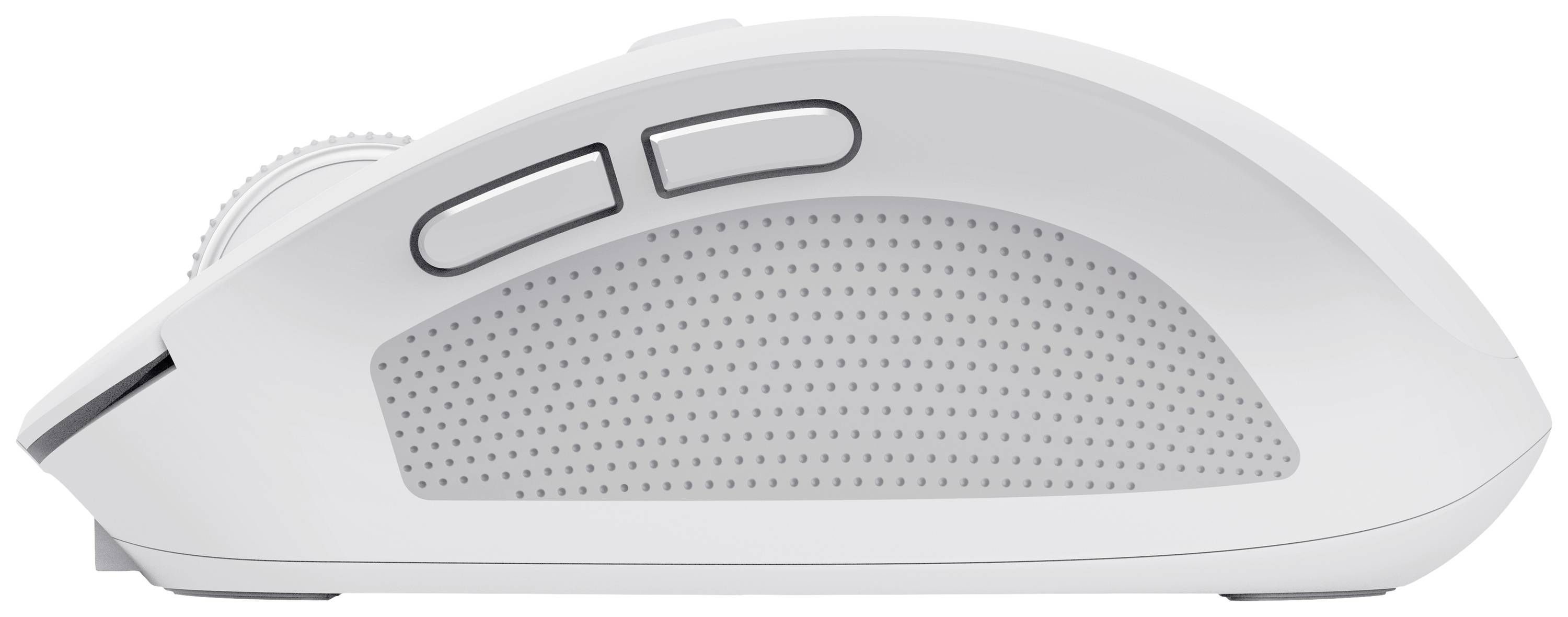 White wireless computer mouse with two side buttons and textured grip for better grip.