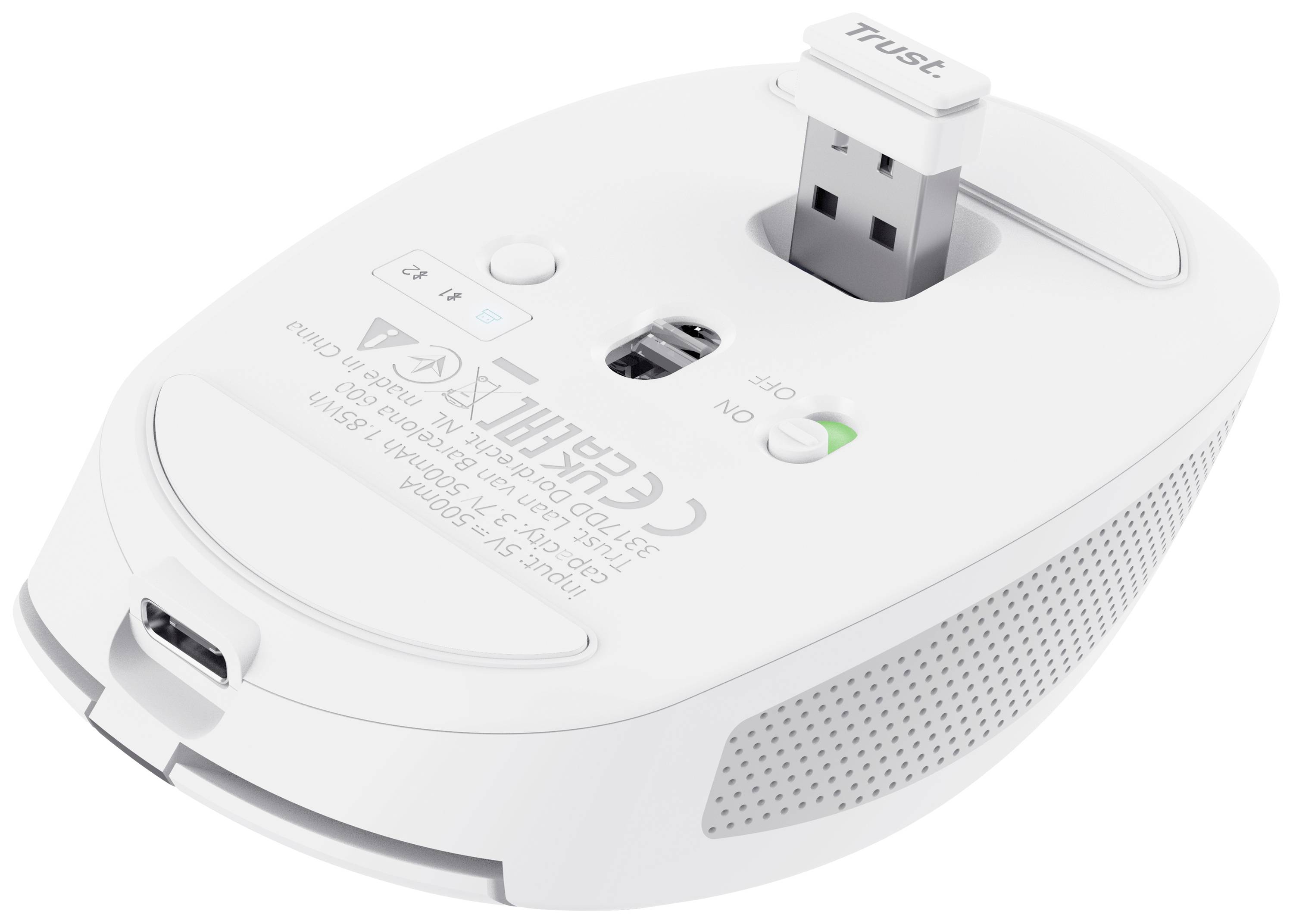 White wireless computer mouse viewed from underneath, showing USB dongle, battery compartment, and power switch.