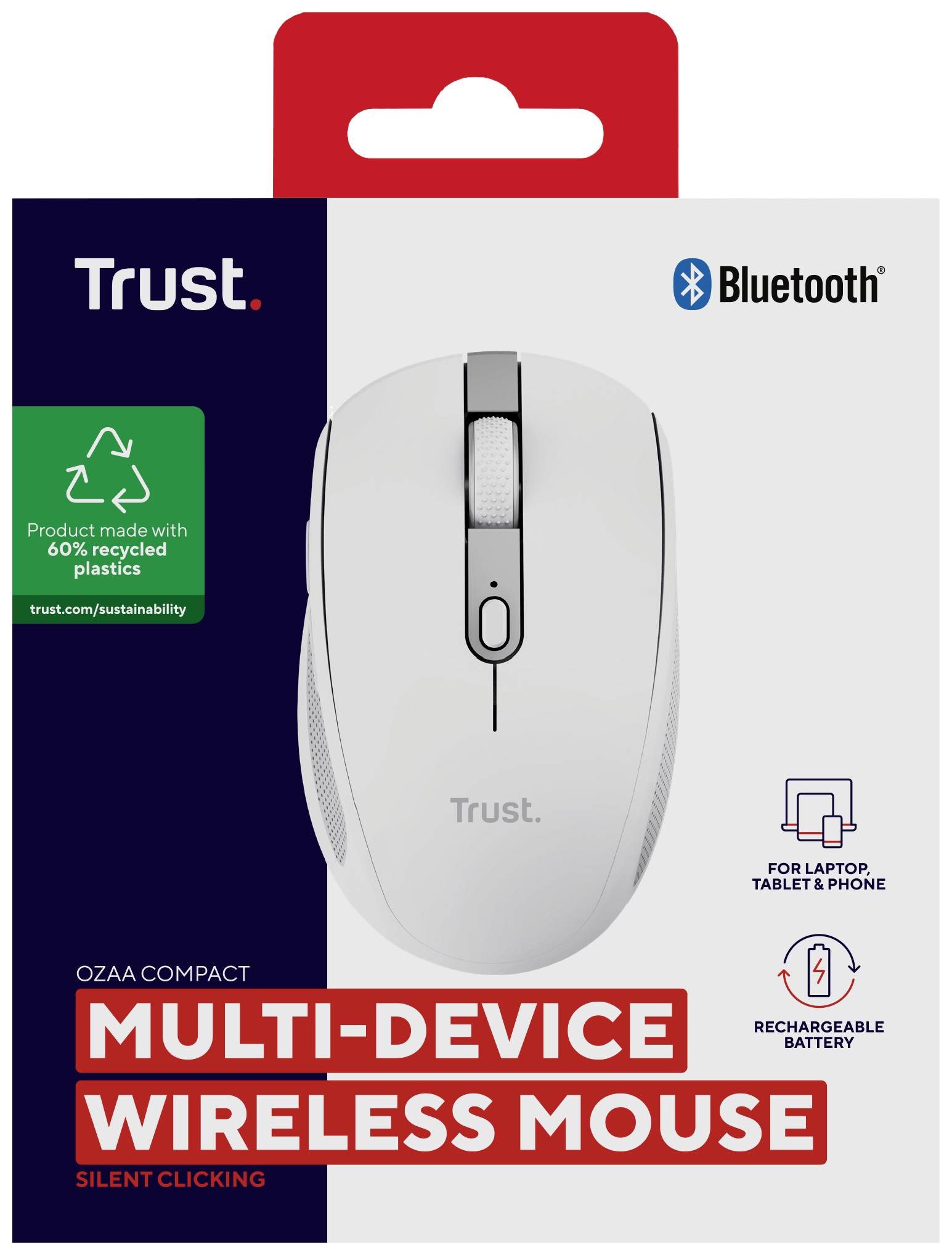 Wireless Trust Mouse with Bluetooth functionality, suitable for laptop, tablet and phone. Contains 60% recycled plastic.