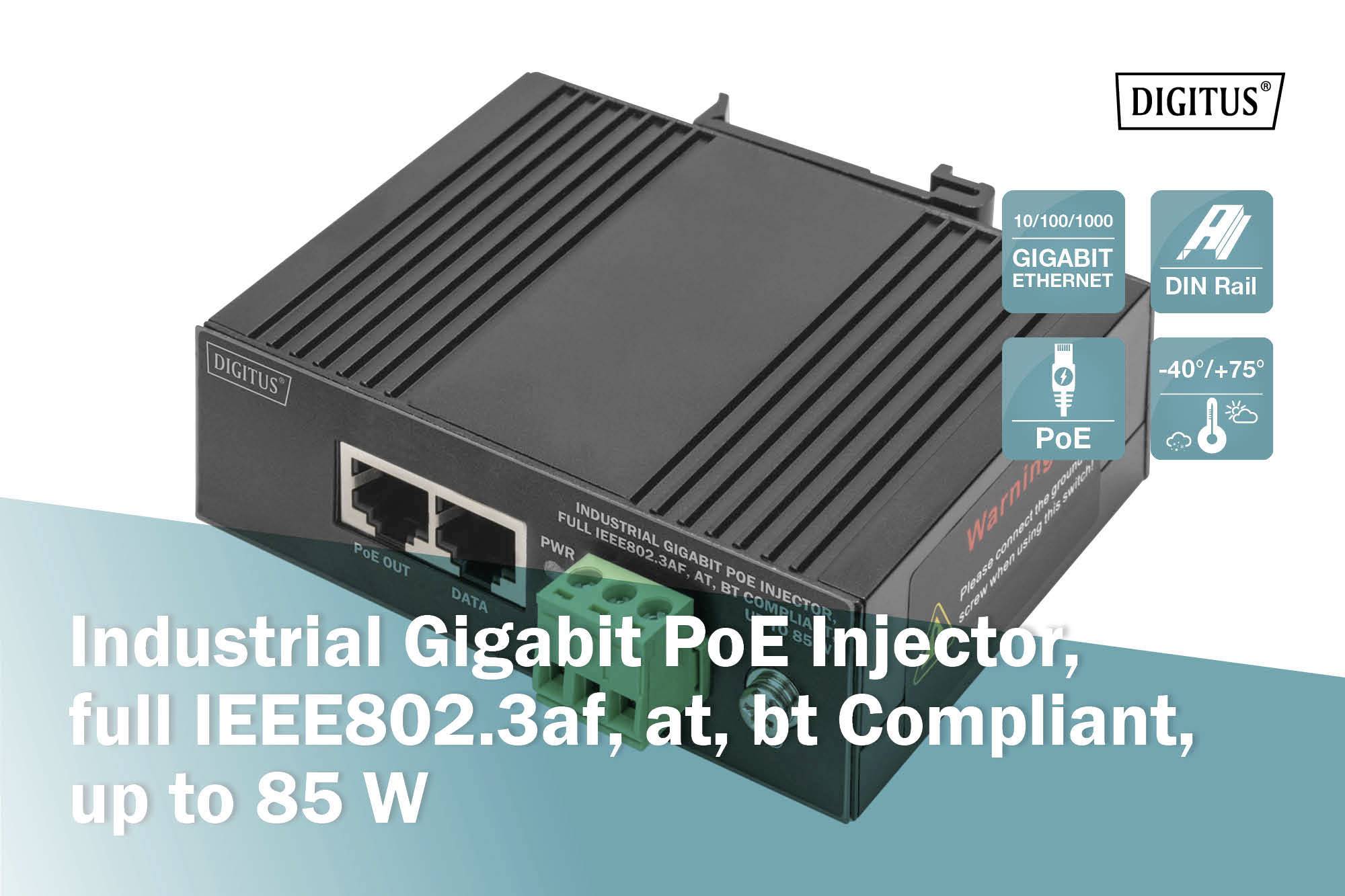 'Industrial Gigabit PoE Injector, Full IEEE802.3af, at, bt Compliant, Up to 85 W.' Black device with Ethernet ports, DIN rail mounting.