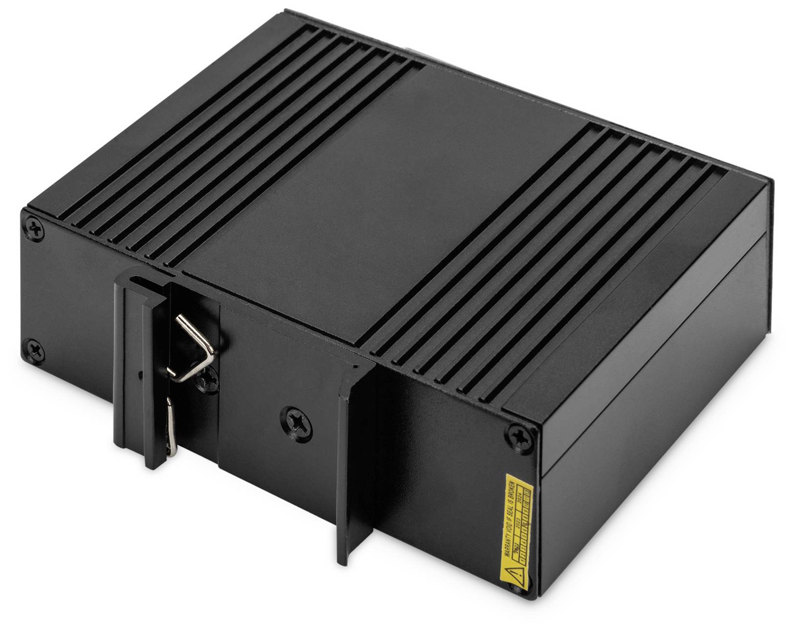 Black metal device with ventilation slots and a yellow warning sticker.