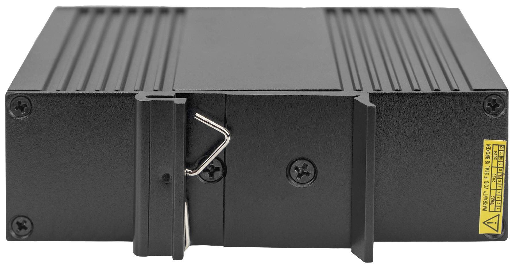 A black, rectangular device with ventilation slots and screws at the corners. A yellow warning label is positioned on the side.