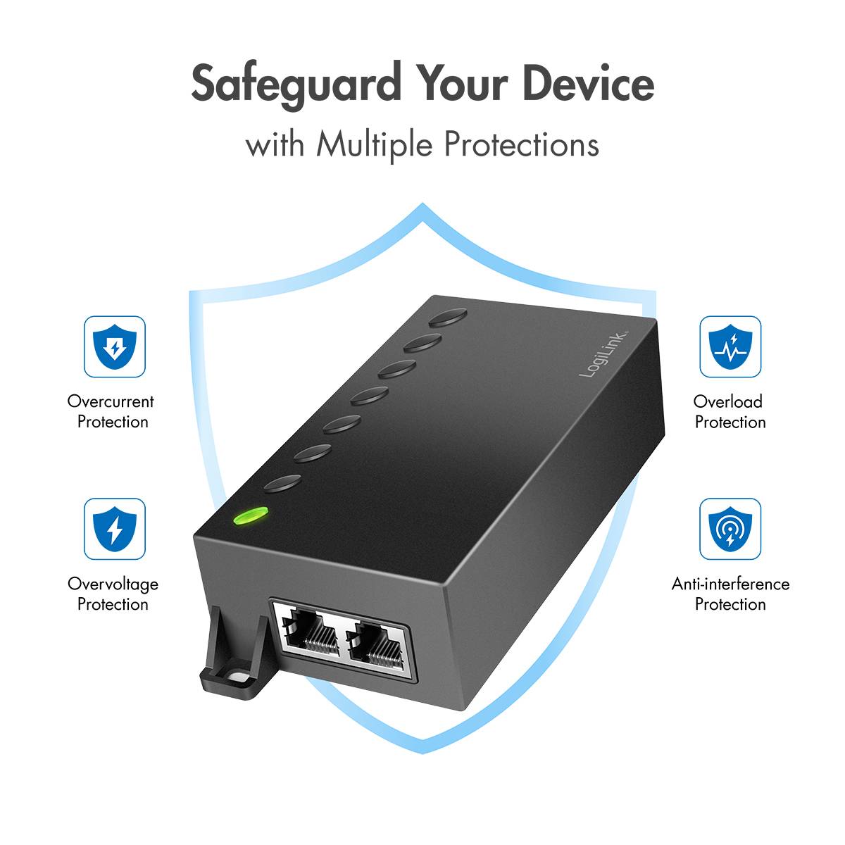 A black electrical device with two Ethernet ports and symbols for protective features: surge protection, overcurrent protection, overload protection, and anti-interference.
