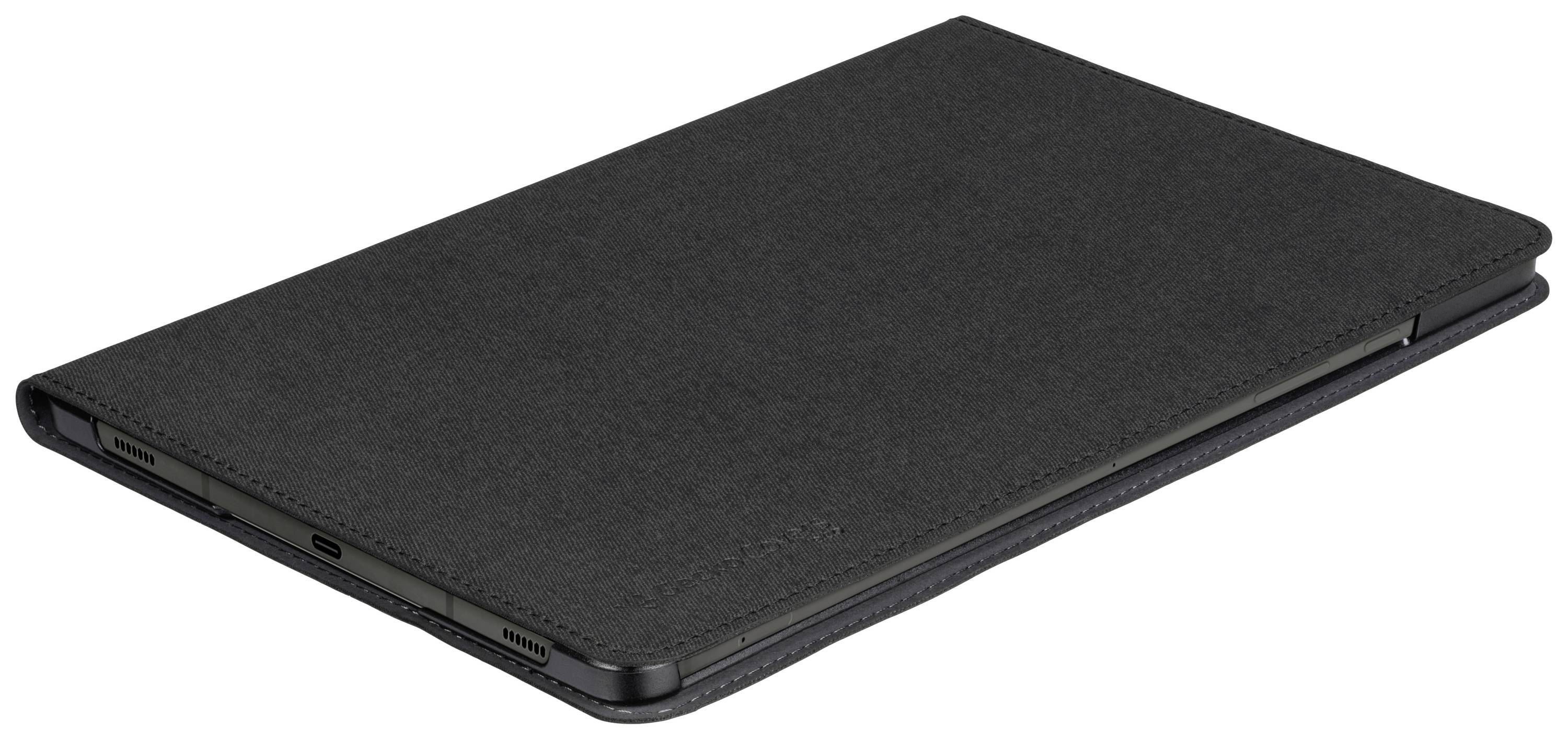 A black tablet with a protective case lies flat. The ports are visible on the side.
