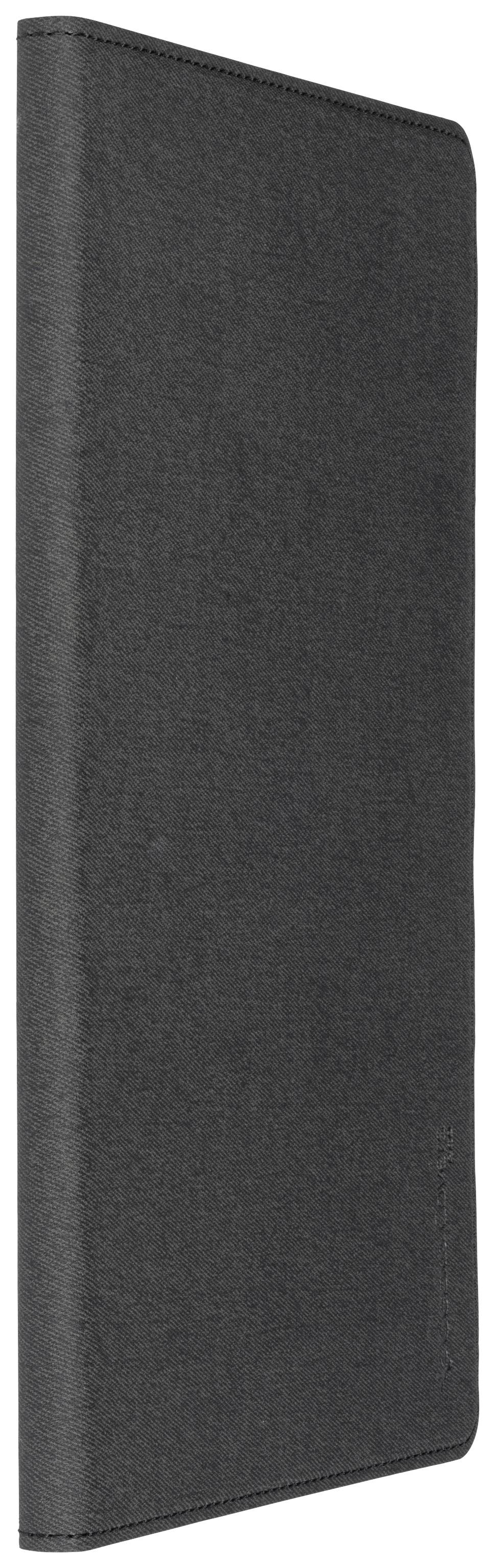 Black, slim fabric case, standing in portrait orientation. Suitable for storing electronic devices or documents.