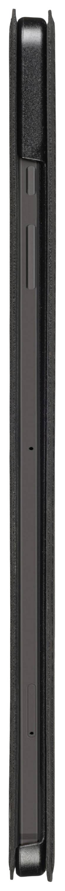 Narrow side view of a closed black smartphone in a case, showcasing its sleek design and minimalist details.