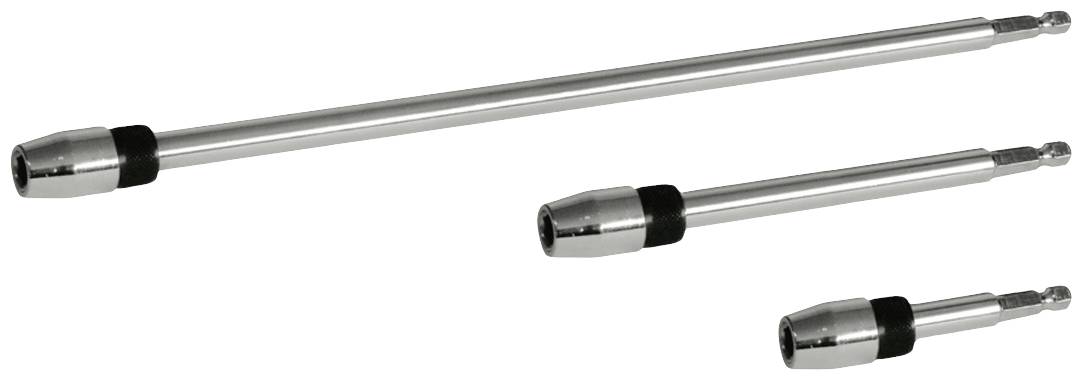 Three different metal extension rods with black rubber grips, arranged on top of each other in varying lengths.