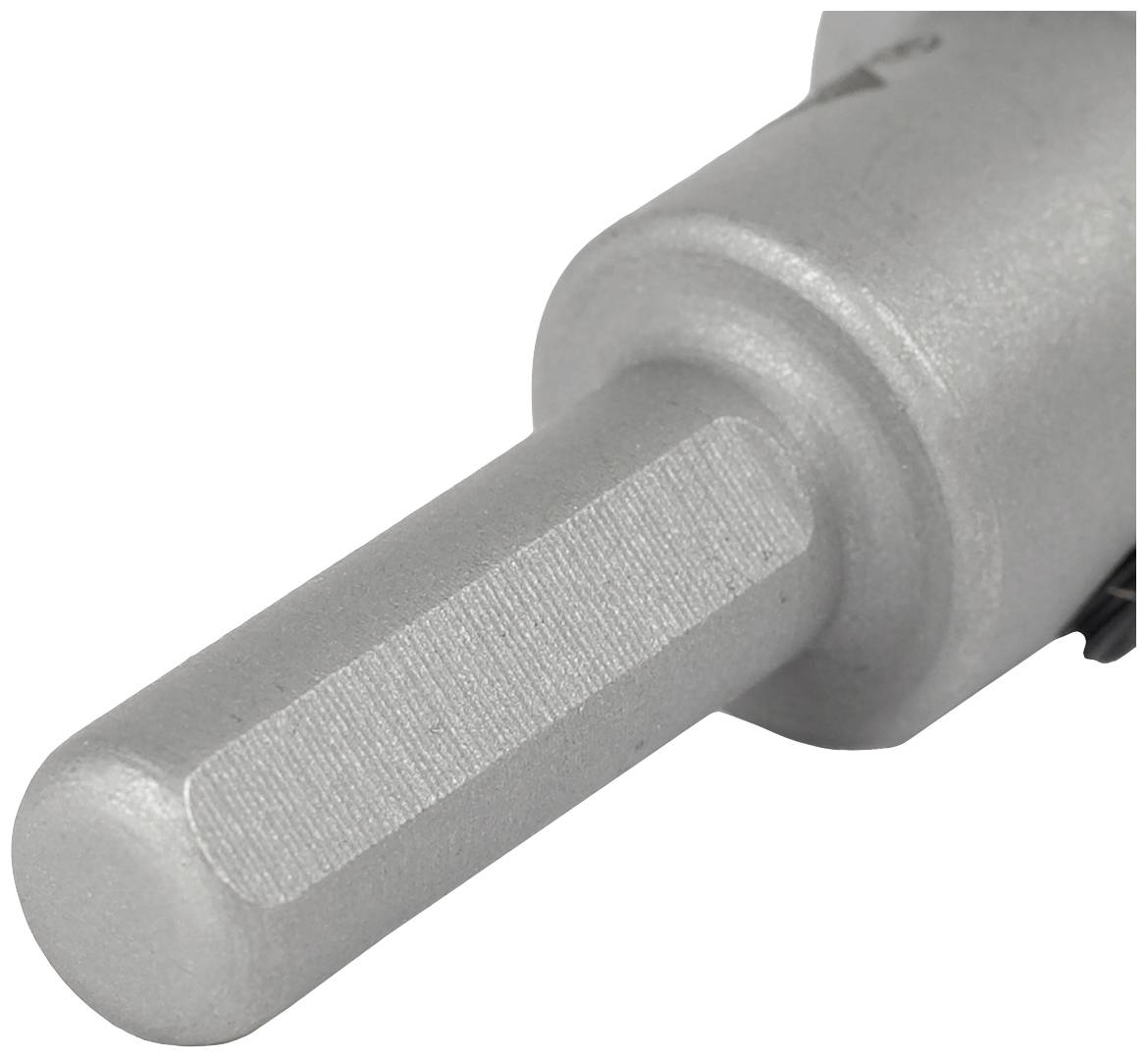 Close-up of a metallic hexagonal socket key, commonly used for tightening or loosening screws.