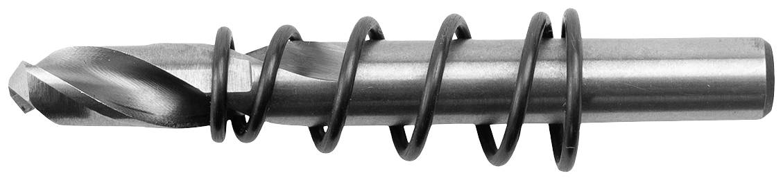 Metal drill bit wrapped with a black spiral spring, on a neutral background.