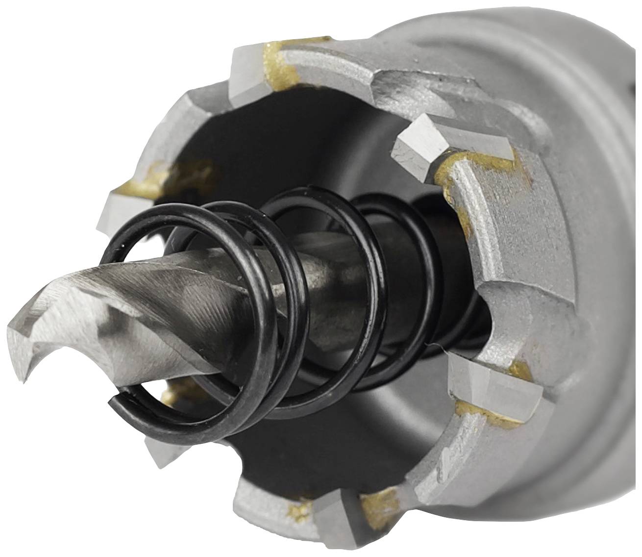 A chrome-plated hole saw drill bit with a steel spiral spring and sharp edges, suitable for drilling into metal surfaces.