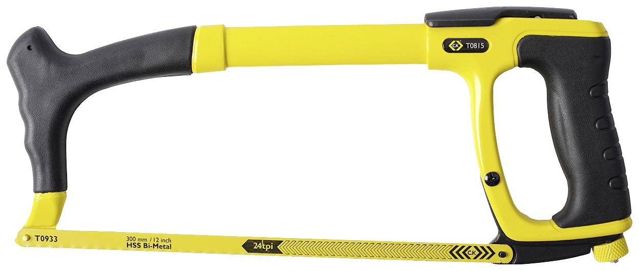 Yellow metal saw with a black handle, suitable for precise cutting of metalwork.<br><br>Note: I noticed an additional Arabic character at the end of the original text which appears to be a random or unintended character, so I did not translate it.