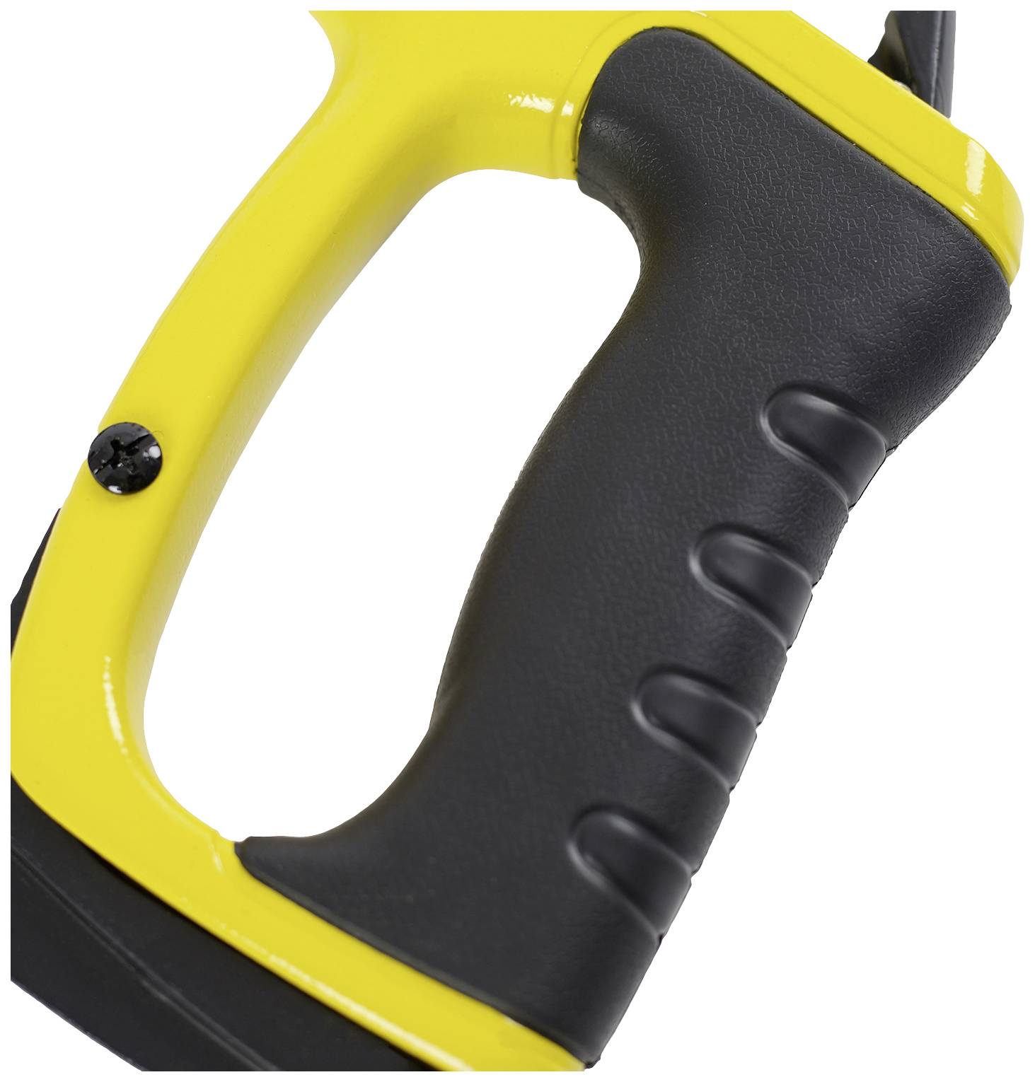 A yellow and black tool handle, with an ergonomic shape and non-slip surface for improved grip.