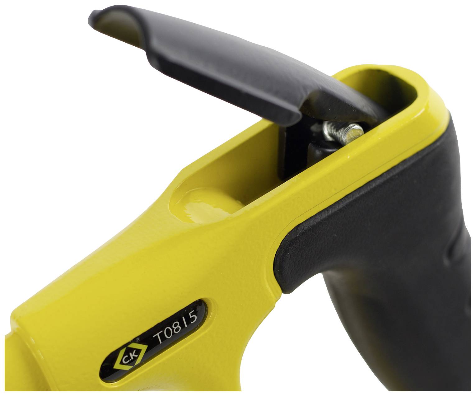 Close-up of a yellow cable stripping tool with a black handle and a blade for efficiently removing insulation.