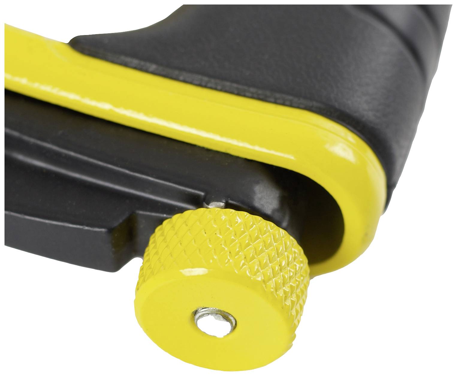 Close-up of a yellow, ridged rotary knob on a black tool handle.