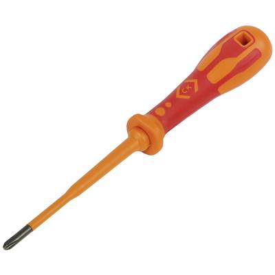 An insulated screwdriver with an orange-red handle for work on live electrical components.