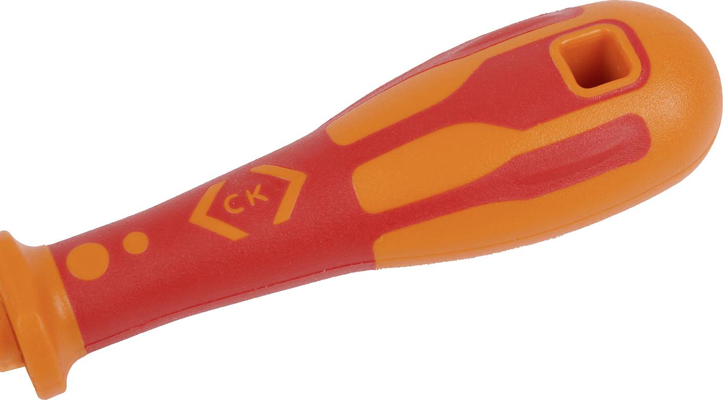 A red and orange screwdriver handle with a hexagonal hole and the inscription 'CK'.