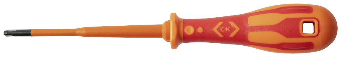 Screwdriver with an orange, insulated handle and black blade, suitable for work on electrical equipment.