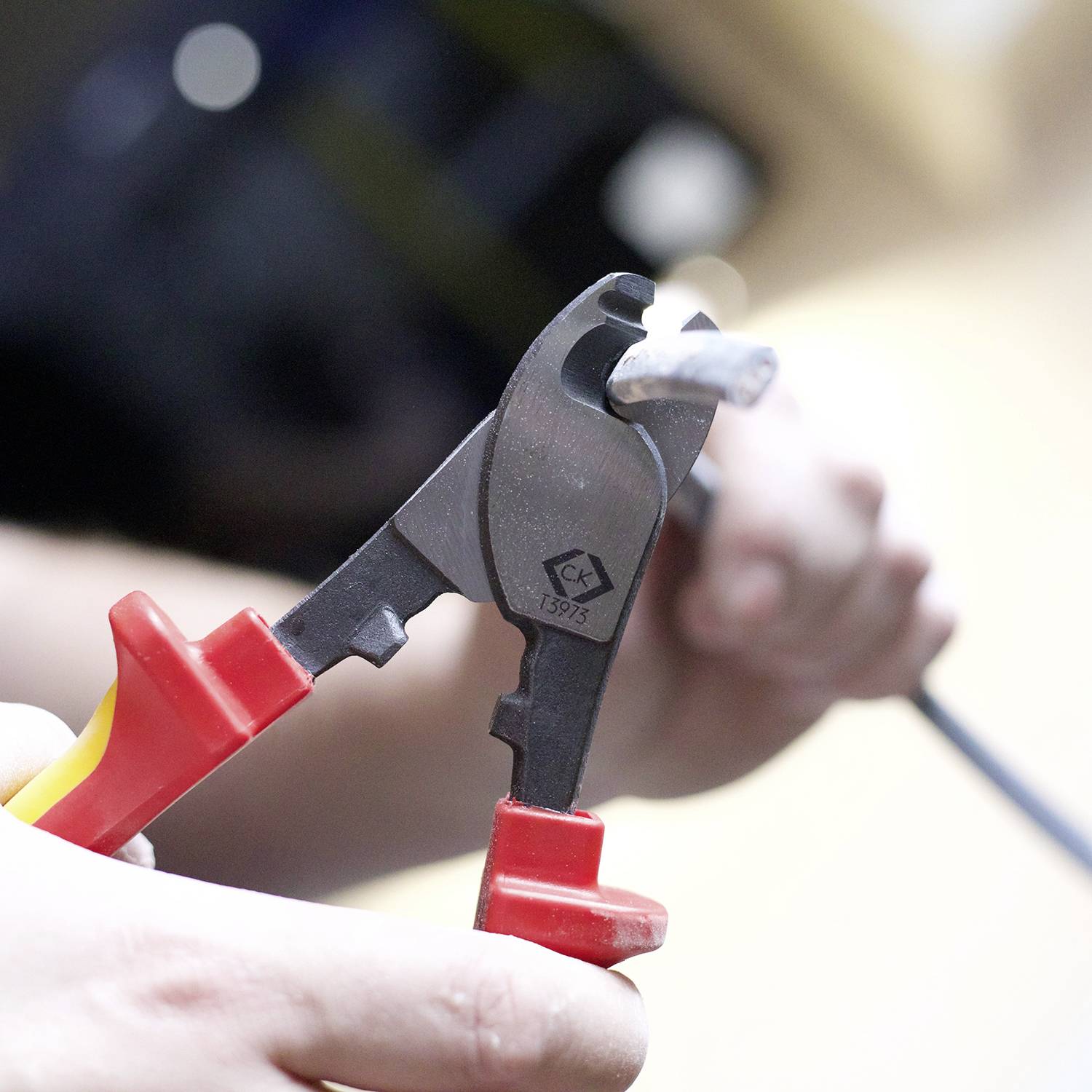 Close-up of hands holding wire cutters. One hand grips the handle, while the other positions the wire.