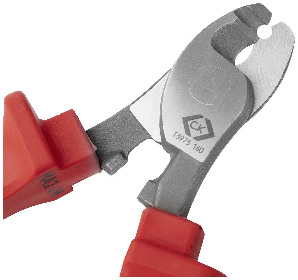 Close-up of a red cable stripper with a silver blade, suitable for precisely stripping cables.