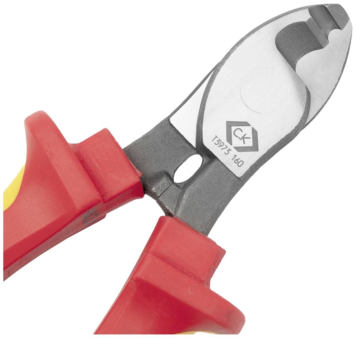Side cutters with red and yellow handles, blade pointing upwards, suitable for cutting through cables or wires.