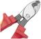 Side cutters with red and yellow handles, blade pointing upwards, suitable for cutting through cables or wires.