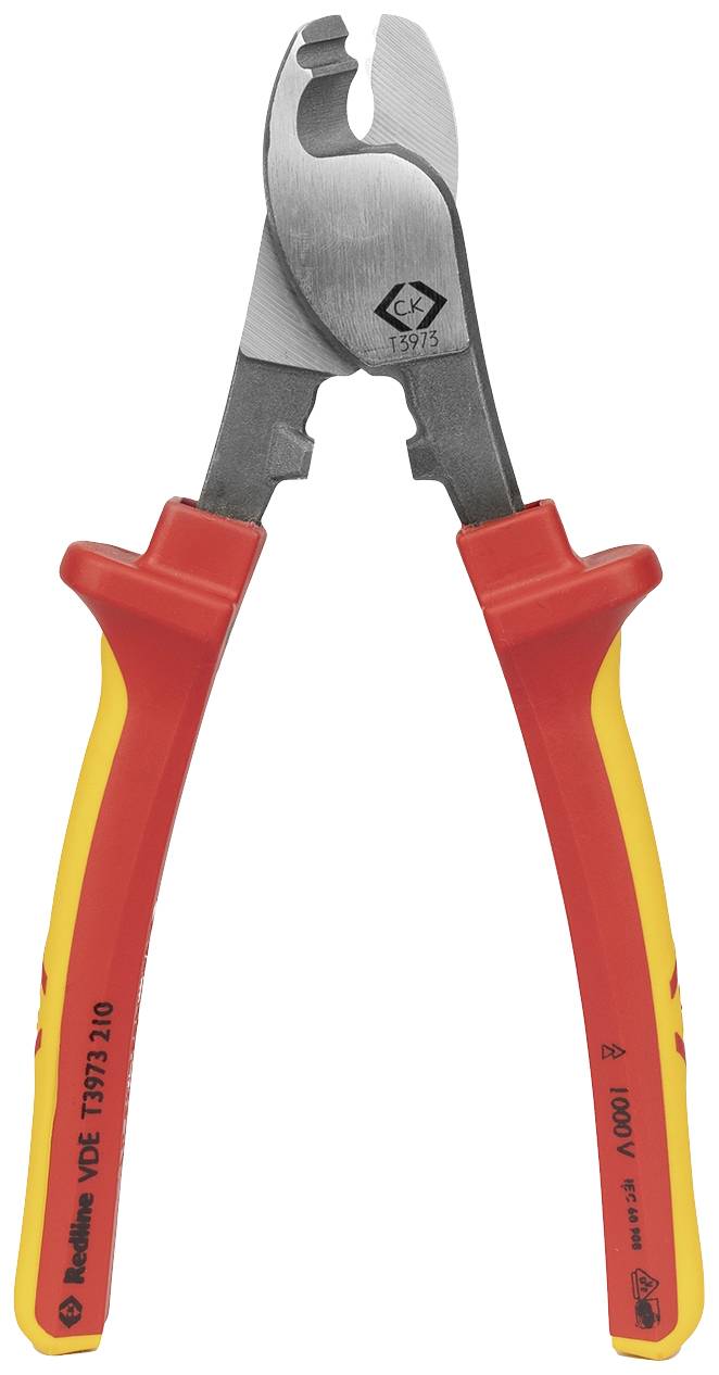 A red electric cable cutter with insulated handles, suitable for work up to 1000V, displays the VDE logo for safety.