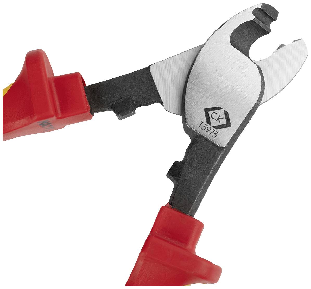 A cable cutter with red handles, open, shows the sharp blades used for cutting cables.