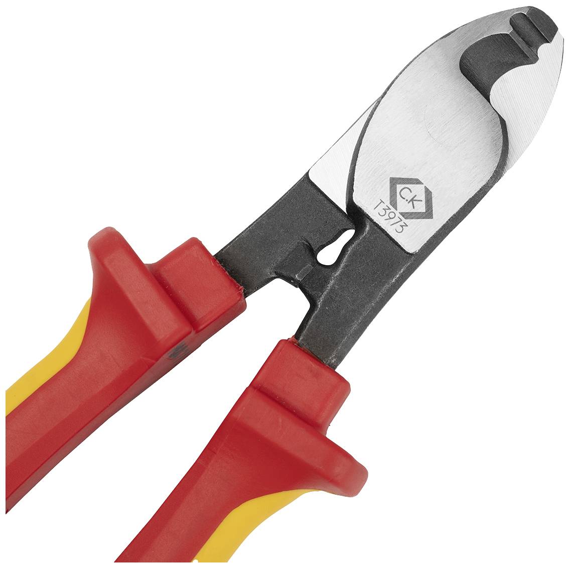 Pliers with a red-yellow handle and silver cutting edge. Suitable for cutting cables and wire.