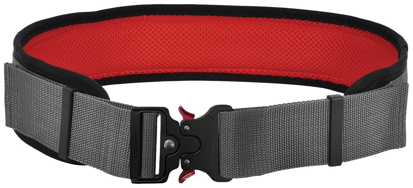 A grey belt with a black buckle and red inner lining, suitable for outdoor or security applications.