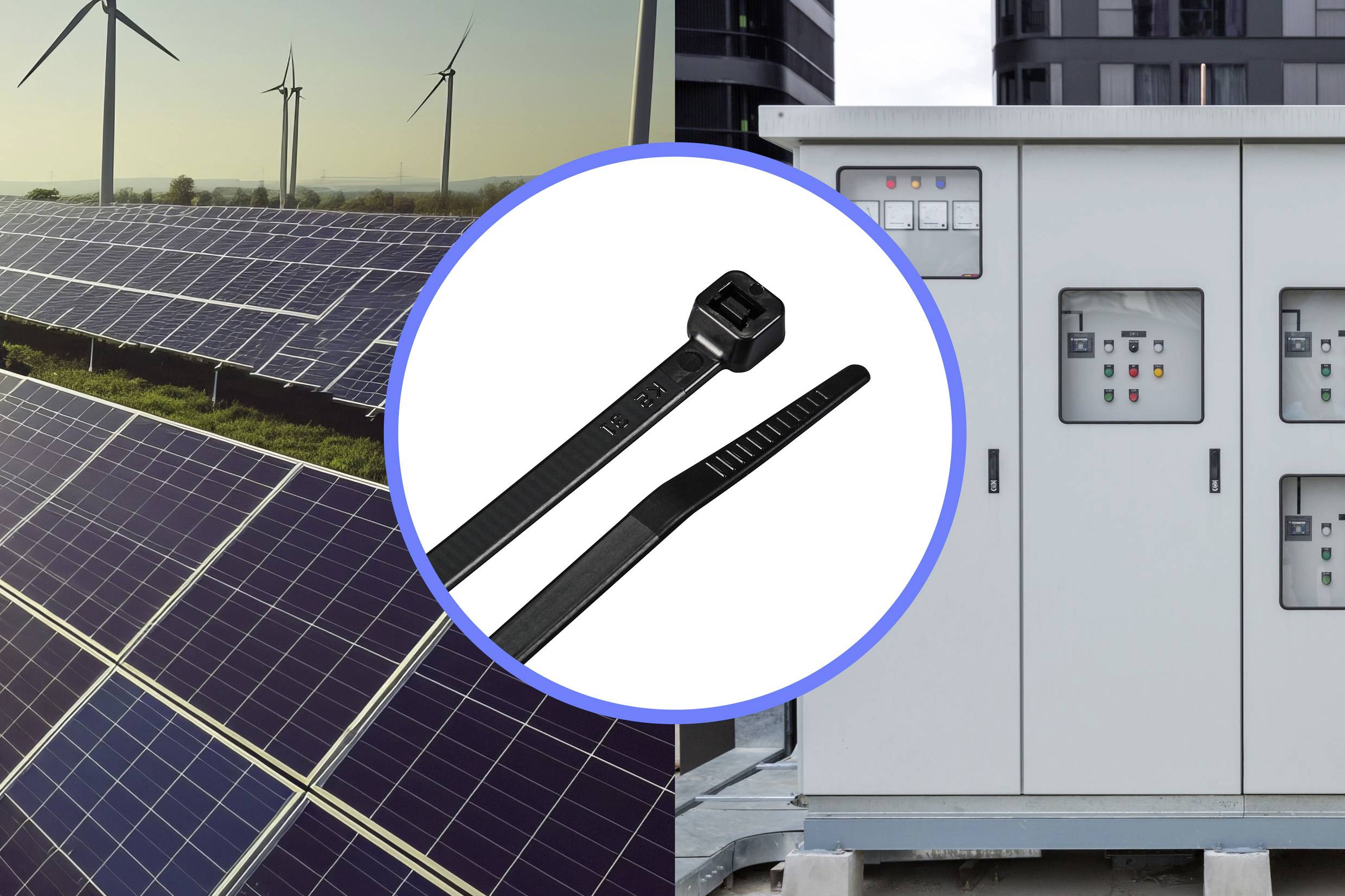'Image shows solar cells and wind turbines next to an electrical cabinet with cable ties in the foreground.'