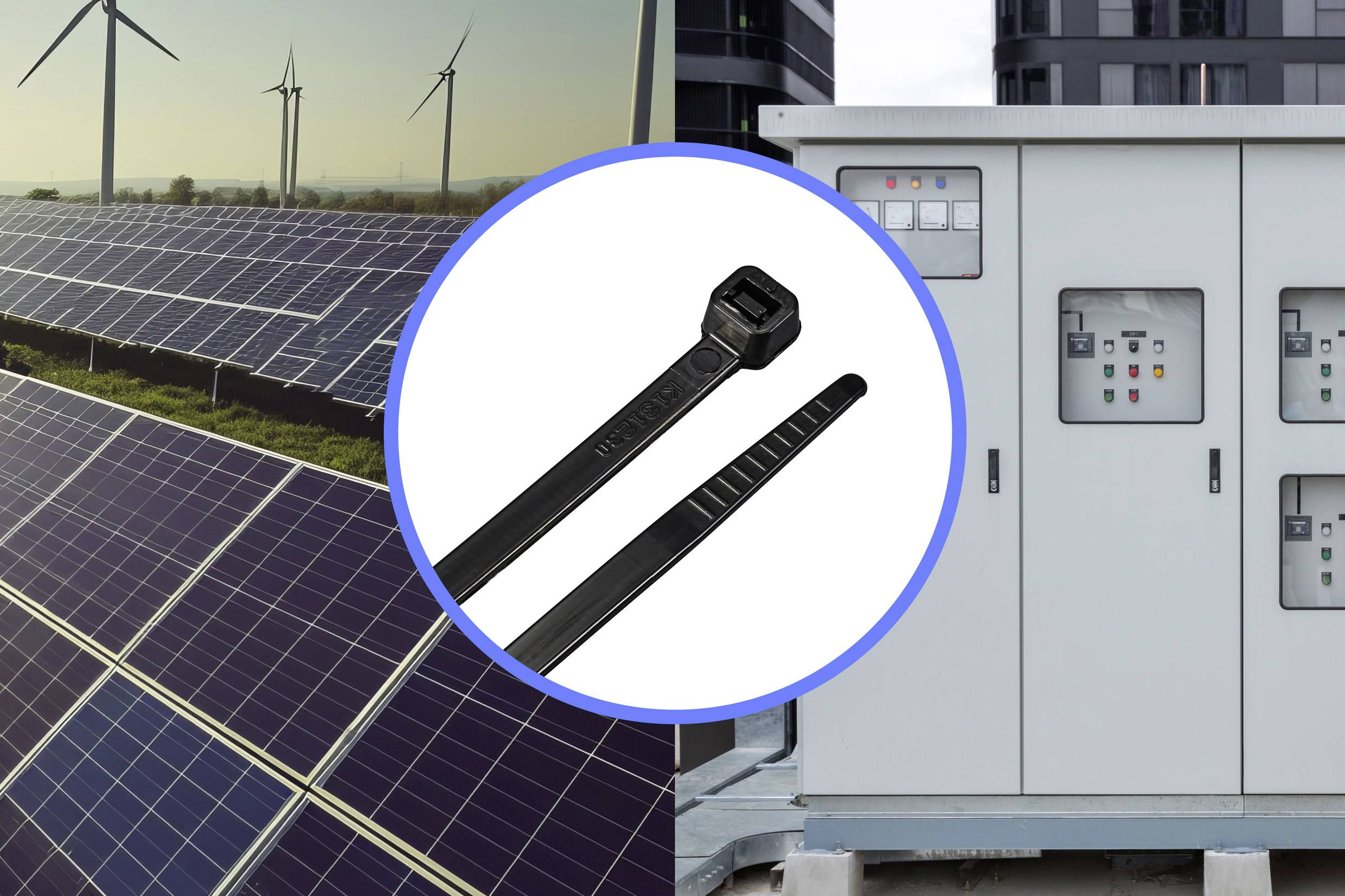 'Solar panels and wind turbines in the background; cable ties in focus; electrical cabinet on the right side.'