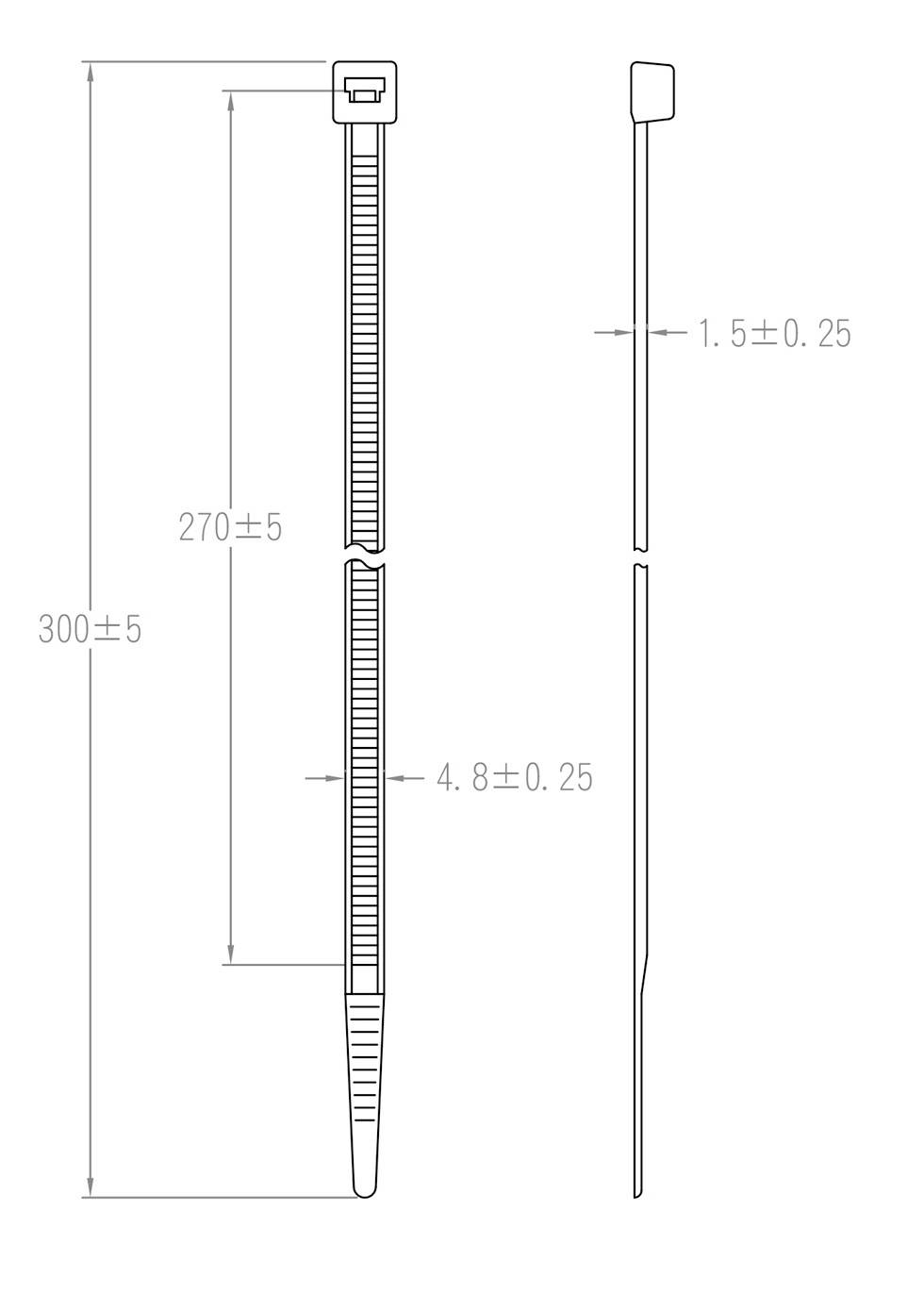 Technical Drawing of a Cable Tie with Dimensions: Total Length 300±5 mm, Width 4.8±0.25 mm, Length to Head 270±5 mm, Head Thickness 1.5±0.25 mm.