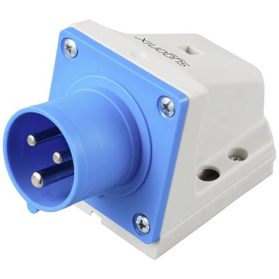 'White wall socket with blue three-pole connection. Suitable for high-current connections in industrial applications.'
