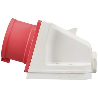 'Red and white electrical socket, industrial type, side view, white background.'