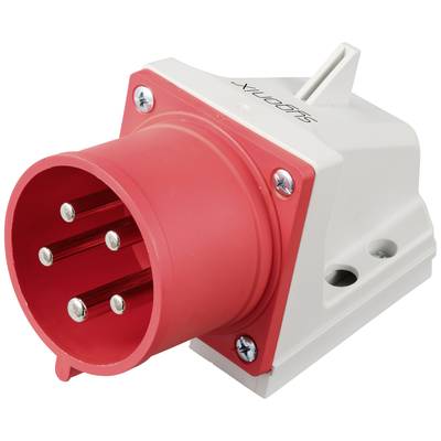 Red industrial plug with five metal pins on a white plastic housing, suitable for high-current applications.