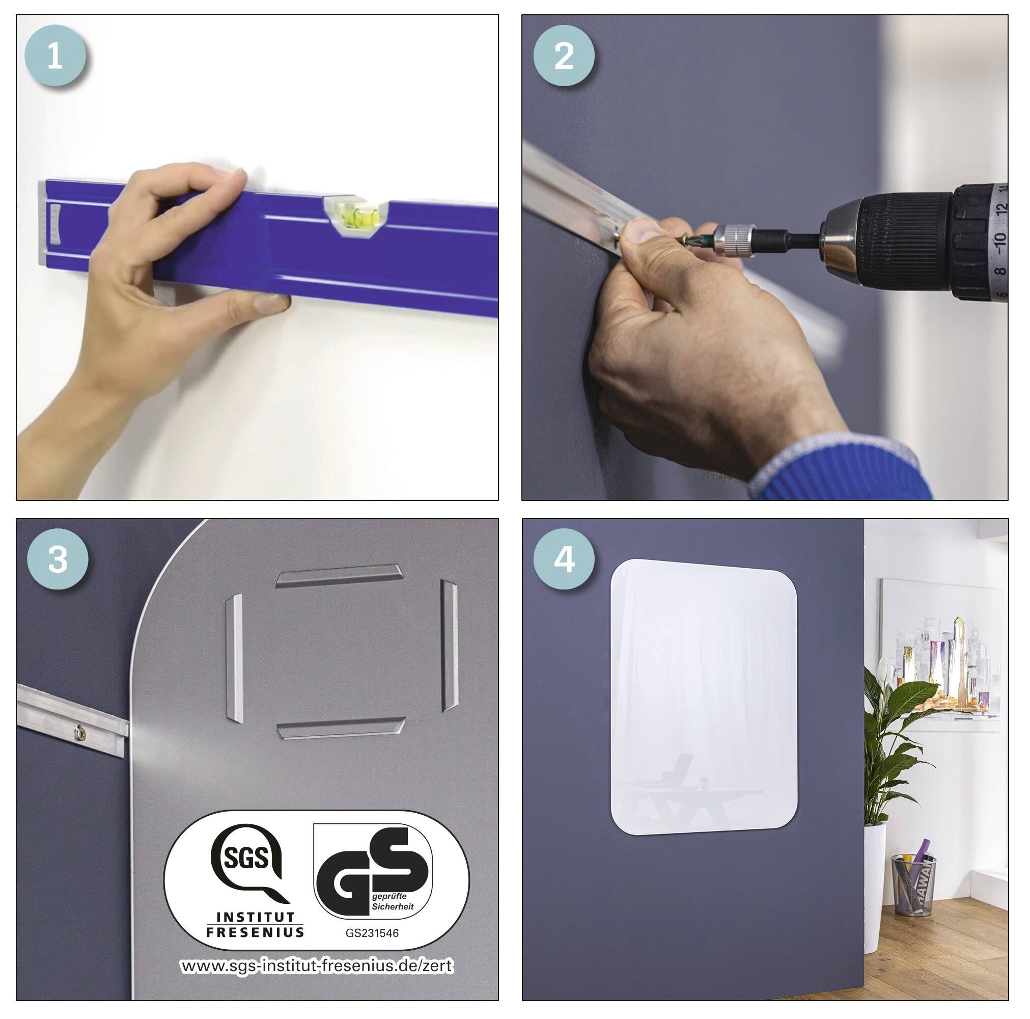 Four-step instructions show installing a wall-mounted sliding door: level the rail, drill the bracket, add safety certification labels, and hang the finished door.<br>