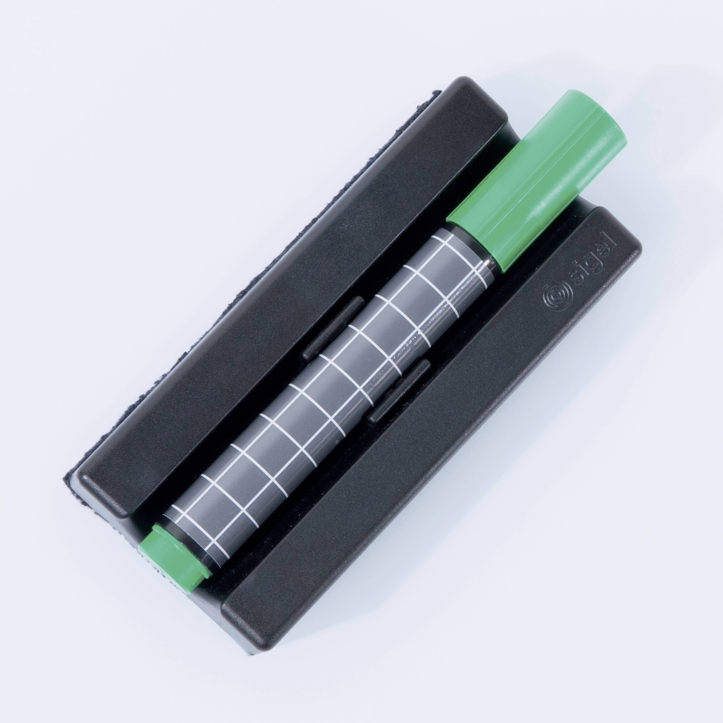 A marker with a green lid in a black holder, on a white background.