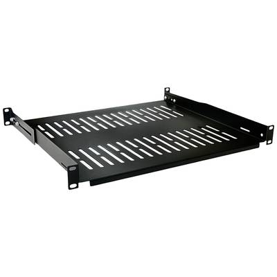 A ventilated, black metal shelf, suitable for mounting in a server cabinet for storing equipment or accessories.