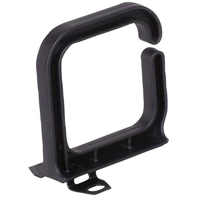 A black plastic mounting bracket in a rectangular shape with rounded corners. It is used for attaching or holding objects.