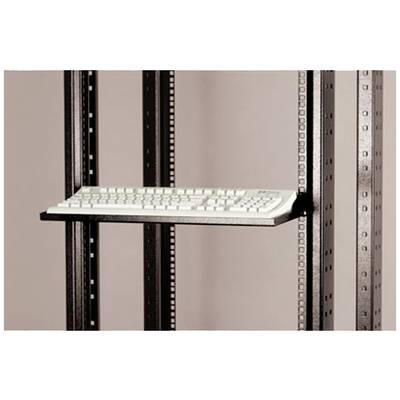 A white keyboard on a shelf within an open metal frame, likely part of a server rack.