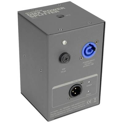 Black DMX splitter device with blue and black sockets and labelling: 'Power Input'. Power and signal LEDs are visible at the front.