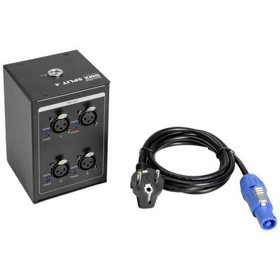 'DMX SPLIT 4' Distribution Box with 4 XLR Connections and Power Cable with Blue and Black Connector.