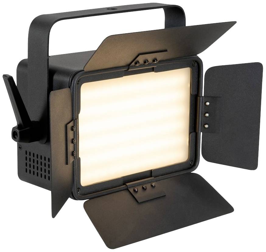 Black LED spotlight with a rectangular shape and adjustable flaps for light control, suitable for stages or photography studios.