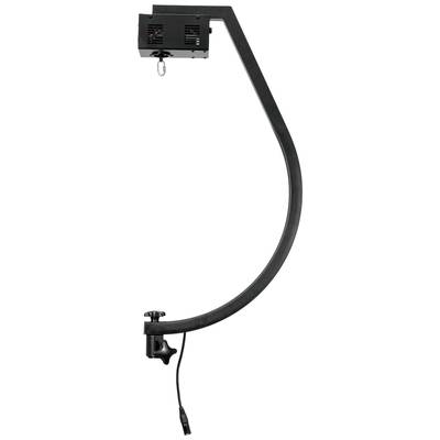 Black curved device arm with a clamp at the lower end and cable, with a mounting device at the top for securing objects.